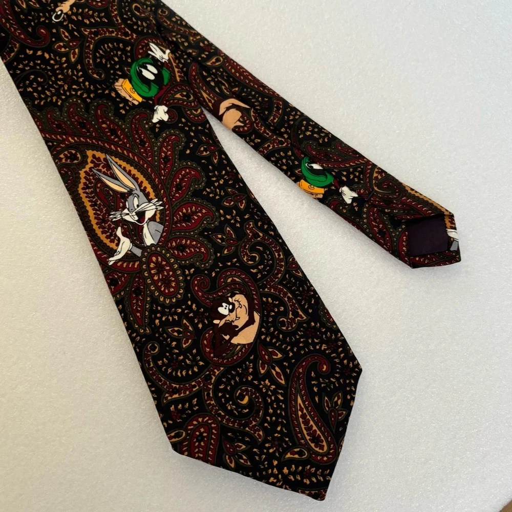 VTG 1994 Looney Tunes Silk Tie Bugs Bunny Marvin Taz Paisley Brown